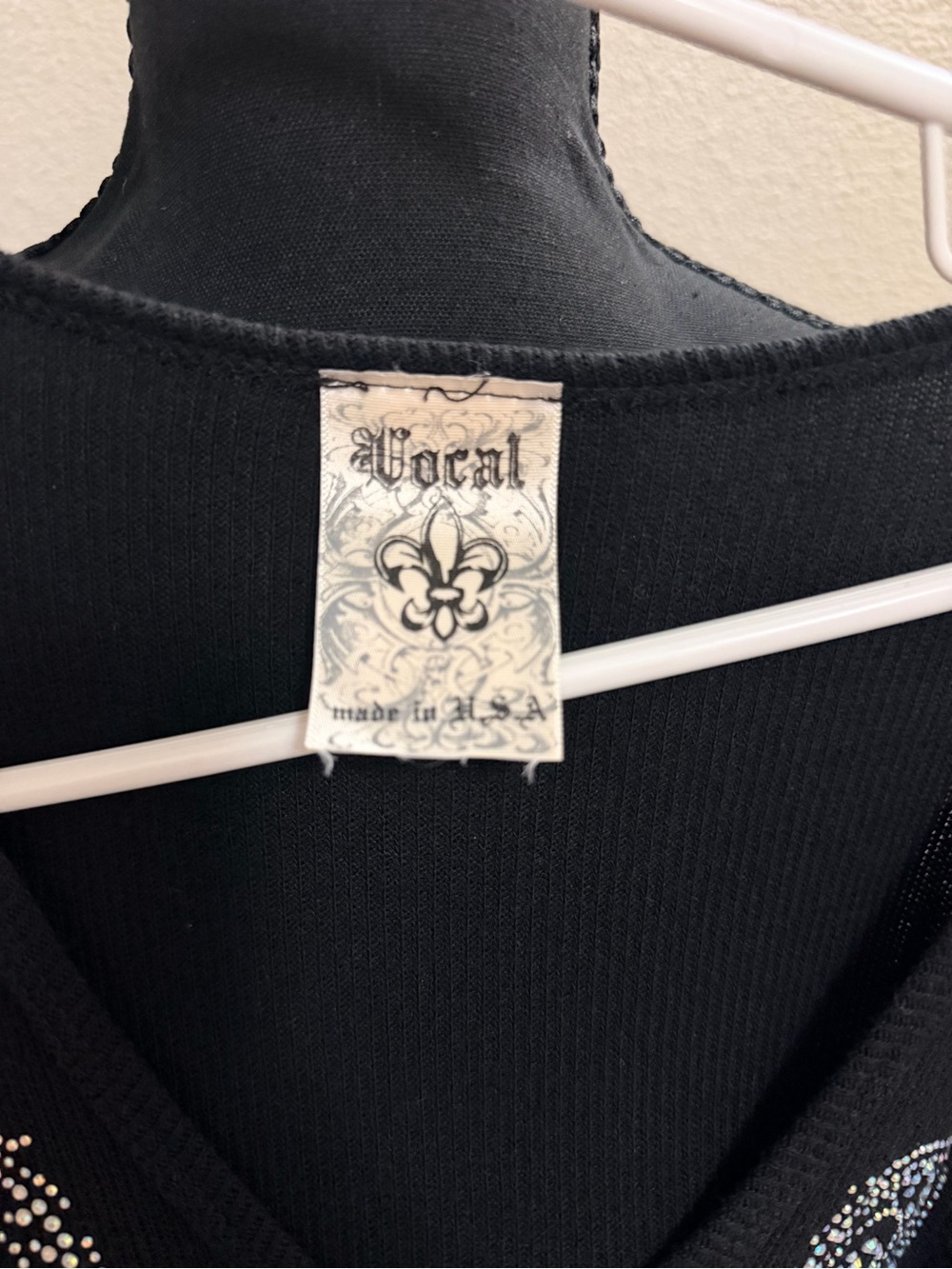 Vocal Black V-Neck Sweater with Rhinestone Fleur-de-Lis Accent - Picture 7 of 7